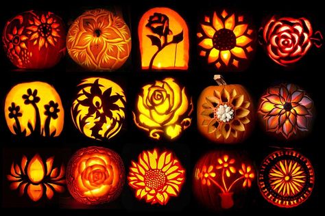 Flower Carving Pumpkin, Pumpkin Carving Ideas Floral, Pumpkin Carving Sunflower, Flower Pumpkin Carving Stencils, Beautiful Pumpkin Carving, Flower Carved Pumpkin, Pumpkin Carving Flowers, Pumpkin Carving Ideas Flowers, Flower Pumpkin Carving Ideas