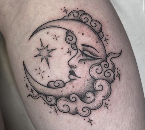 Lady And Moon Tattoo, Celestial Cloud Tattoo, Moon With Face Tattoo Designs, Elegant Moon Tattoo, Traditional Style Moon Tattoo, Spooky Moon Tattoo, Moon Tattoo With Clouds, Celestial Sun And Moon Tattoo, Woman Moon Tattoo