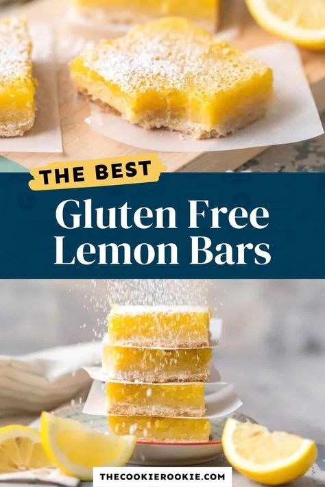 Lemon Squares (Gluten Free Lemon Bars) are the easiest and best lemon bar recipe, and they just so happen to be gluten free! These lemon squares are one of our favorite easy gluten free desserts. Thick, creamy, tart, and utterly delicious; The Best Lemon Bars you'll ever taste. #thecookierookie #lemonsquares #lemonbars #dessert Gluten Free Lemon Squares, Lemon Bar Recipe, Gluten Free Lemon Bars, Gluten Free Shortbread, Dessert Sans Gluten, Lemon Bar, Easy Gluten Free Desserts, Lemon Bars Recipe, The Cookie Rookie