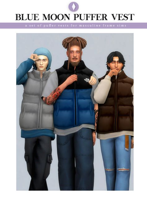 Blue Moon Puffer Vest Set | nucrests no Patreon Sims 4 Cc Dad Clothes, Ts4 Cc Boy, Masc Clothing, Ts4 Patreon, Sims 4 Men Clothing, Ts4 Mods, Sims 4 Male Clothes, Clothes Cc, Puffer Vests