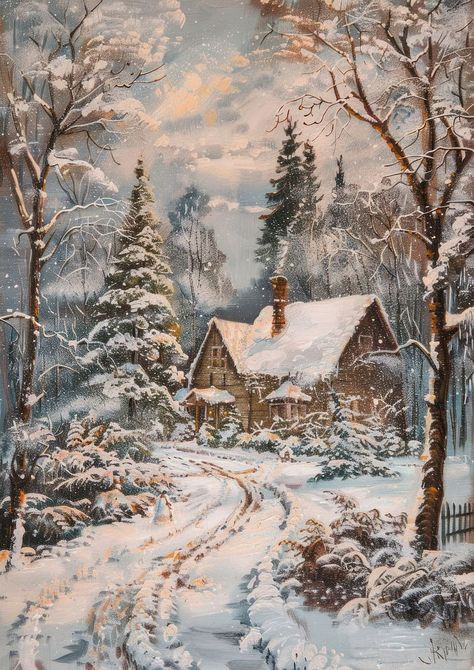 Cozy winter cabin in snow | free image by rawpixel.com / Pitcha Benrohman Cozy Christmas Artwork, Vintage Winter Scenes Paintings, Winter Vintage Painting, Cozy Winter Illustration Art, Christmas Cabin Illustration, Christmas Cabin Painting, Vintage Winter Pictures, Winter Aesthetic Painting, Winter Scenery Paintings