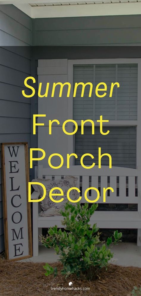 Oftentimes all you need to style a beautiful small porch or entry verandah is a bench with a throw pillow, a small vignette, and a welcoming sign. Peruse simple summer front porch decor and more by visiting the blog. #summerfrontporchdecor Small Verandah Decorating Ideas, Front Porch Tables Ideas, Front Porch Simple Decor, Shaded Front Porch Ideas, Front Porch Lounge Ideas, Front Porch Bench Decorating Ideas, Summer Front Porch Decorating Ideas, Front Door Summer Decor Ideas, Front Door Bench Outdoor