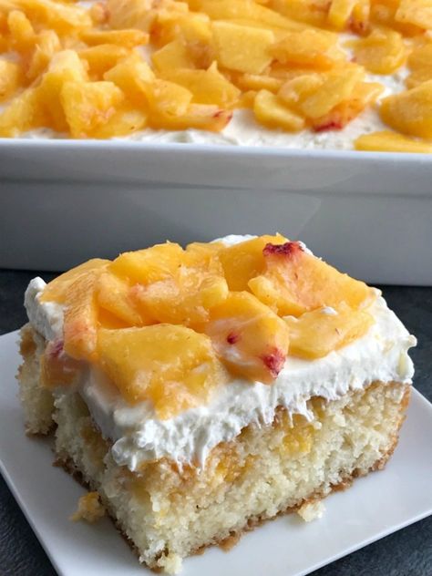 Peaches and Cream Poke Cake | Poke Cake Recipe | Cake | Dessert | If you love poke cakes then you must try this peaches and cream poke cake! French vanilla cake soaked in fresh peaches, frosted with a light and fluffy cream cheese whipped topping, and topped with chunked fresh peaches. #pokecake #cake #dessertrecipes #easydessertrecipe #peaches #peachrecipes Cream Cheese Whipped Topping, Cake Poke, Cream Poke Cake, Sweet Salads, Peach Cake Recipes, Poke Cake Recipe, French Vanilla Cake, Peach Dessert, Cake Mix Ingredients