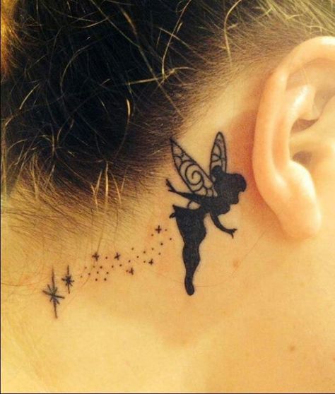 Uh...I think I'd change where the pixie dust is coming from, though, should I get this tattoo... O_o Cute Disney Tattoos, Tinkerbell Tattoo, Behind The Ear Tattoo, Behind Ear Tattoos, Disney Tattoo, Geniale Tattoos, Tattoo Girls, Fairy Tattoo, Disney Tattoos