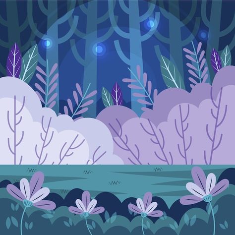 Hand drawn flat design enchanted forest ... | Free Vector #Freepik #freevector #enchanted-forest #flat-nature #enchanted #hand-drawn-illustration Enchanted Forest Art Illustrations, Enchanted Forest Digital Art, Hand Drawn Game Art, Night Garden Illustration, Enchanted Forest Drawing, Magic Forest Illustration, Enchanted Forest Illustration, Nature Background Illustration, Book Illustration Design