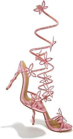 Pink Heels With Flowers, Butterfly Heels Pink, Pink Birthday Heels, Pink Butterfly Heels, Pink Prom Shoes, Fantasy Heels, Pink Lace Up Heels, Fairy Heels, Expensive Heels