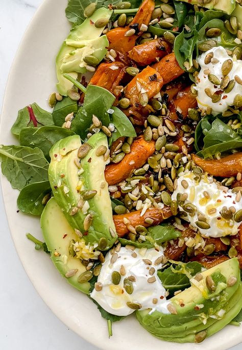 Carrot Avocado Salad, Roasted Carrots Salad, Roast Carrot Salad, Follicular Phase Salad, Follicular Phase Recipes, Kathleen Ashmore, Roasted Carrot Salad, Follicular Phase, Salad Vegetarian