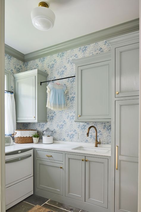 Sage Green Cabinets, Ashley Gilbreath Interiors, Ashley Gilbreath, Blue Laundry Rooms, Laundry Room Ideas Small Space, Laundry Room/mud Room, Green Laundry, Laundry Room Wallpaper, Dream Laundry Room