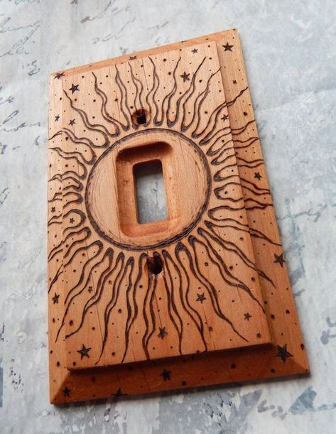 Wood Burned Furniture Ideas, Diy Light Switch, Light Switch Covers Diy, Burning Sun, Wood Burn Designs, Diy Light, Woodburning Projects, Laser Engraved Ideas, Wood Burning Crafts