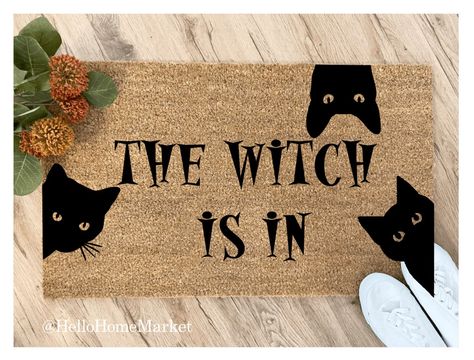 Cat Door Mat, Witchy Doormat, Witch Doormat, Diy Rug Painting, Halloween Mat, Halloween Rugs, Halloween Mats, Vision 2023, Halloween Doormat