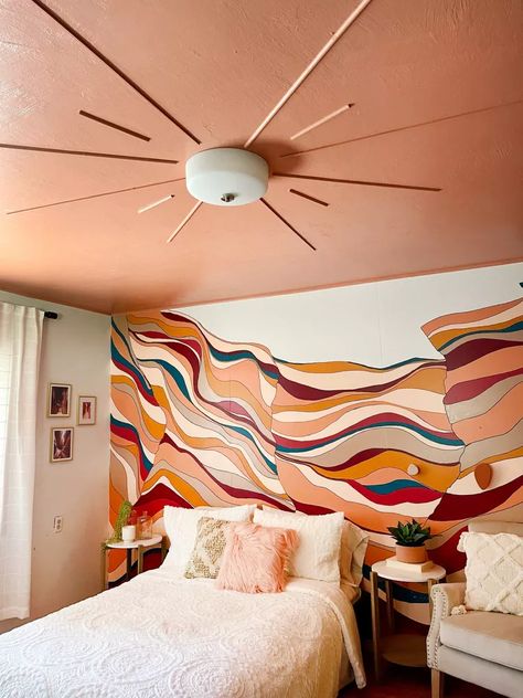 Ceiling Art Diy, False Ceiling Lighting Ideas, Painted Ceiling Medallion, Unique Ceiling Ideas, Trending For 2023, Paint Color Of The Year, Painted Headboard, Salted Granola, Ceiling Murals