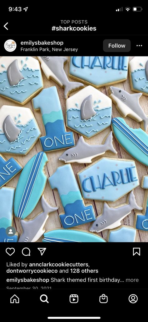 Shark First Birthday Party Boys, 2nd Birthday Shark Theme, Shark Theme Cookies, First Birthday Shark Theme, Shark Themed 1st Birthday Party, 1st Birthday Shark Theme, Shark Week Cookies Decorated, Shark Fourth Birthday, Shark Themed Birthday Cake