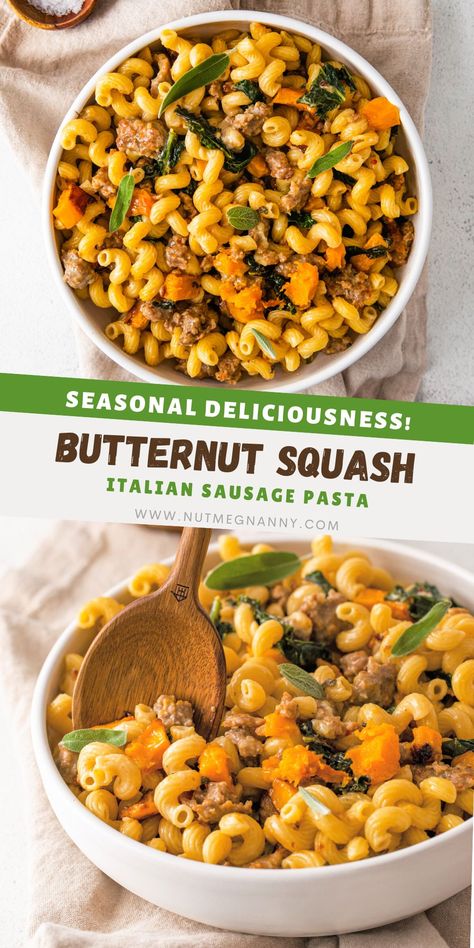 Butternut Squash Sausage Recipes, Butternut Squash Sausage Pasta, Butternut Squash And Sausage, Creamy Squash, Squash Sausage, Butternut Squash Sausage, Squash Pasta Recipe, Autumn Pasta Recipes, Butternut Squash Sage