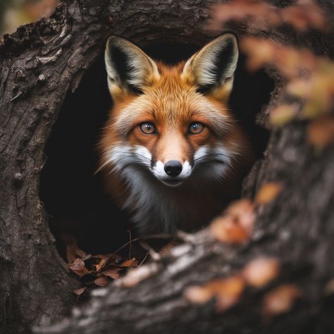 Realistic photo of a red fox emerging out of a hollowed out and rotting tree. The fox's eyes are intensely focused in the direction of the camera. It's autumn in Algonquin Park. Leaves are beginning to turn red. Fox Portrait Photography, Fox Side Profile, Red Fox Photography, Rotting Tree, Scratch Tattoo, Fox Autumn, Red Fox Art, Otter Illustration, Fox Printable