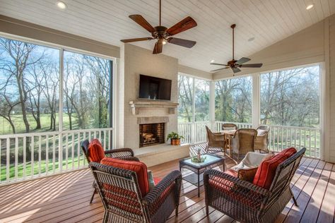 Rooms Viewer | HGTV Porch Ceiling Ideas Cheap, Ceiling Ideas Cheap, Porch Ceiling Ideas, Traditional Family Rooms, Vaulted Ceiling Kitchen, Traditional Porch, Screened Porch Designs, Porch Fireplace, Classic White Kitchen