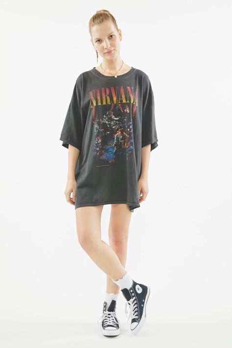 Nirvana Unplugged T-Shirt Dress | Urban Outfitters Singapore Nirvana Unplugged, Oversize Tshirt Outfits, Oversized Tee Shirt, Simple Tees, Urban Dresses, Tshirt Outfits, T Shirt Diy, Sleeves (women), Oversized Tee