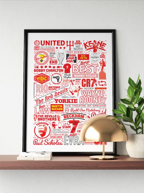 A graphical retro print that celebrates the history of Manchester United, the legends of Man Utd and the club culture. Any Utd fan would love to receive a piece of Manchester United wall art print as gift, whether it be your dad, your boyfriend or a best friend. It features legendary figures of the club such as Sir Alex Ferguson, Sir Matt Busby, Eric Cantona, Cristiano Ronaldo and record goal-scorer Wayne Rooney. This is a Manchester United Poster packed with important fan references. Arsenal Gifts, Pat Jennings, Manchester United Poster, Manchester United Art, History Poster, Football Artwork, History Posters, Apartment Art, A Best Friend