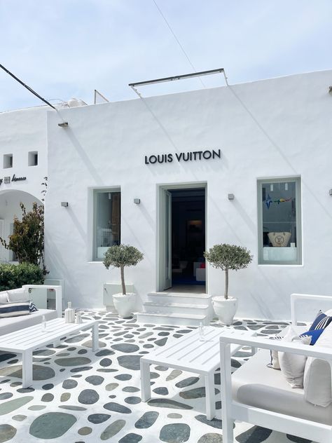 louis vuitton store building greece mykonos cute Mediterranean Cafe Design, Greece Cafe, Greece Interior Design, Mykonos Greece Aesthetic, Mykonos Aesthetic, Luxury Retail Store, Santorini House, Greece Mykonos, Louis Vuitton Store