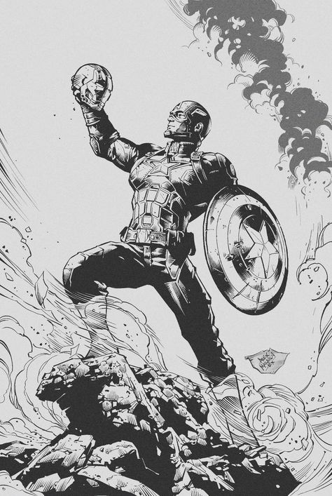 Captain America: Civil War (Inking) by aka-EX Marvel Black And White, Captain America Black And White, Marvel Captain America Comic Art, Captain America Art Sketch, Captain America Poster Art, Captain America Comic Art, Captain America Comic Cover, Captain America Comic, Black And White Comics