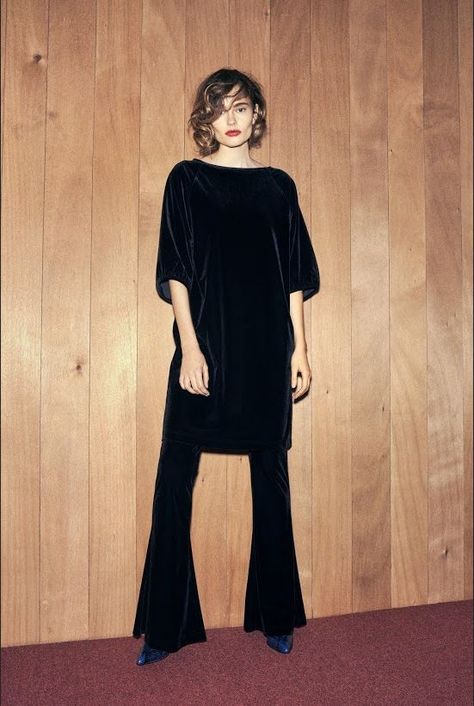 Ganni Campbell Velour dress & trousers from Ganni 2016 Pre Spring collection. Black Velvet Pants, Velour Dress, Black Velvet Dress, Velvet Top, Eclectic Fashion, Spring Fashion Trends, Street Style Chic, Velvet Dress, New Collection