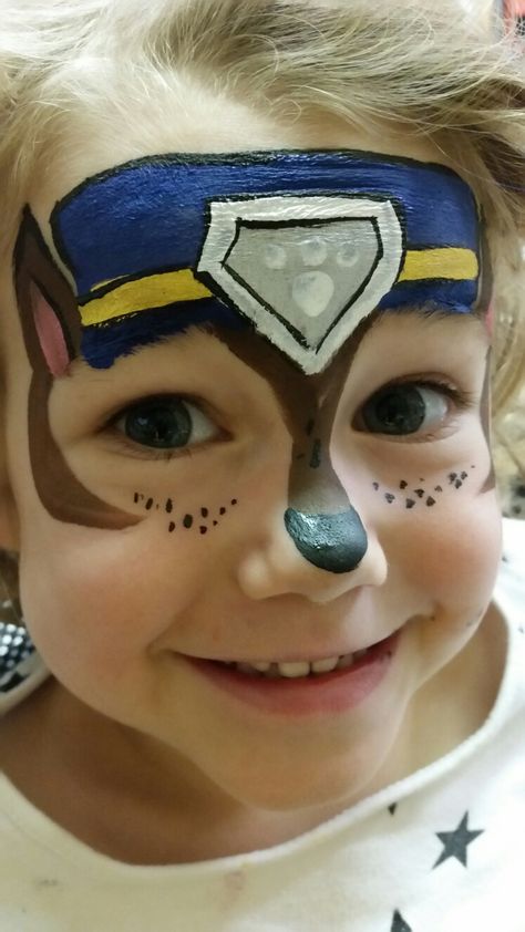 Chase. Paw Patrol pups by Happy Valley Face Painting Paw Patrol Face Paint, Face Painting Images, Bodysuit Tattoos, Face Painting For Boys, Christmas Face Painting, Face Painting Tutorials, Happy Painting, Face Painting Easy, Paw Patrol Pups