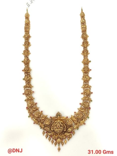 Temple Jewellery Long Haram, Simple Long Haram Gold Jewellery Designs, Simple Haram Designs Gold, Necklace Designs Gold Indian Simple, Long Chain Necklace Gold Indian, Long Haram Designs Indian, Antique Haram, Gold Haram Designs, Gold Necklace Price