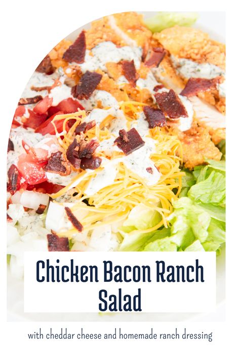 This easy chicken bacon ranch salad recipe is beyond simple to make, featuring crisp lettuce, juicy chicken, crispy bacon, and creamy ranch dressing, this recipe is sure to hit with the entire family! Plus works great as a quick lunch or an easy weeknight dinner! Chicken Bacon Ranch Salad Recipe, Chicken Bacon Ranch Salad, Ranch Salad Recipes, Bacon Ranch Salad, Protein Lunches, Romain Lettuce, Ranch Dressing Recipe Homemade, Cottage Cheese Salad, Fried Chicken Strips