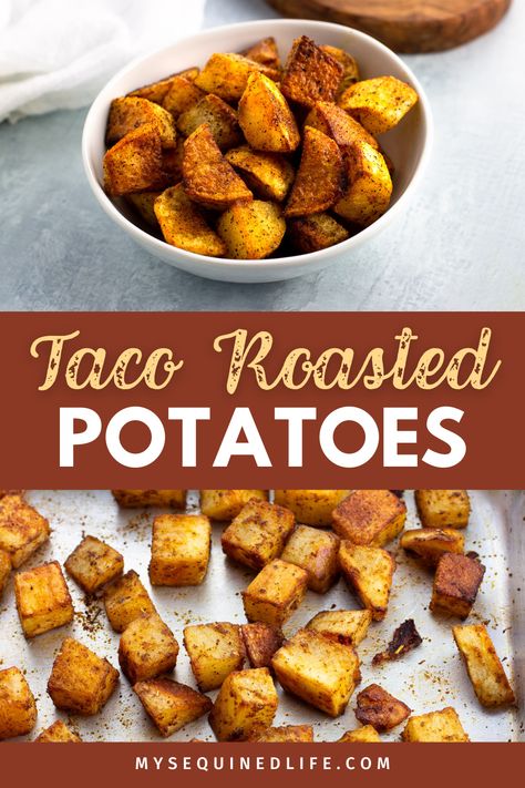 A bowl of roasted potato wedges above an image of the taco potatoes roasting on a sheet pan. Southwest Potatoes, Roasted Potatoes Russet, Taco Potatoes, Potatoes Russet, Kids Foods, Sweet Potato Tacos, Side Dishes For Chicken, Potato Tacos, Seasoned Potatoes