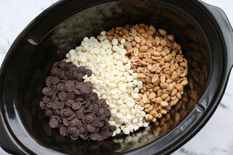 Crockpot Candy Recipes, Crockpot Candy, White Almond Bark, Candy Ideas, Caramel Pretzels, Chocolate Covered Peanuts, Caramel Bits, Peanut Butter Pretzel, Almond Bark