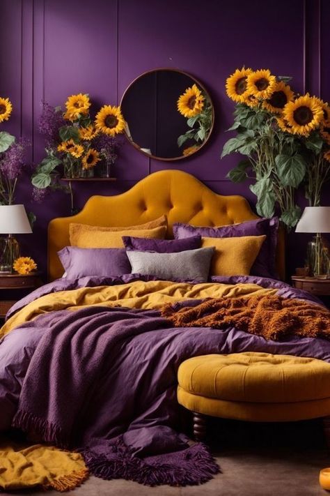 Purple Yellow Interior Design, Purple And Green Bedroom, Emerald Green Rooms, Bedroom Interior Colour, Lavender Bedroom, Orange Splash, Teal Bedroom, Canopy Bedroom, Purple Bedroom