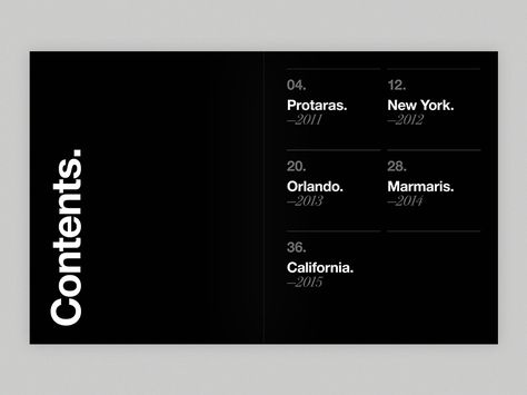 Contents Page by Luke Goodsell https://dribbble.com/shots/2764575-Contents-Page Content Book Design, Content Page Layout Design, Index Book Design, Swiss Book Design, Index Layout Design, Document Graphic Design, Book Index Design, Black And White Branding Design, Window Layout Design