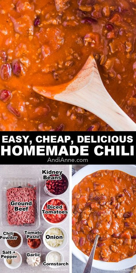 This homemade chili recipe is quick, easy, and cheap to make. Perfect for chilly days when you're craving a comforting bowl of soup or stew. Ground beef, onions and kidney beans are mixed with diced tomatoes, tomato puree, and chili powder. It's an easy family favorite! Chilli Recipe Without Tomatoes, Chile Recipes Easy, Easy Chili No Beans, Chili Using Tomato Soup, Spaghetti Chili Recipe, Quick And Easy Chilli Recipe, Chili Soup Recipe Easy, Chilli Recipe No Beans, Cheap Chili Recipe