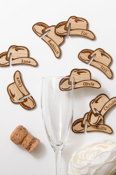 Wood Laser Ideas Products, Glowforge Projects Ideas To Sell, Laser Wedding Ideas, Rodeo Themed Party, Laser Cut Gift Ideas, Bridal Party Decorations, Lasercut Ideas, Table Place Names, Drink Charms