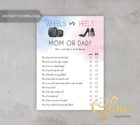 Excited to share this item from my #etsy shop: Wheels or Heels Gender Reveal shower, Printable mom vs dad game, instant download, blue and pink, CY075 Wheels Or Heels Gender Reveal, Baby Shower Quiz, Baby Bingo, Gender Reveal Invitations, Dad Baby, Reveal Ideas, Color Depth, Pink Baby Shower, Gender Reveal Party