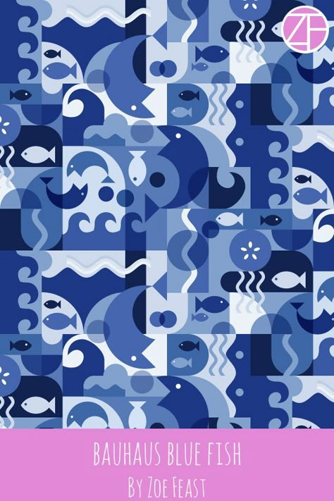 Bauhaus Blue Fish Pattern by Zoe Feast aka Creativeinch Bauhaus Design Pattern, Fish Graphic, Animal Icon, Fish Pattern, Bauhaus Design, Blue Fish, Fish Patterns, Iphone Background Wallpaper, Fish Design