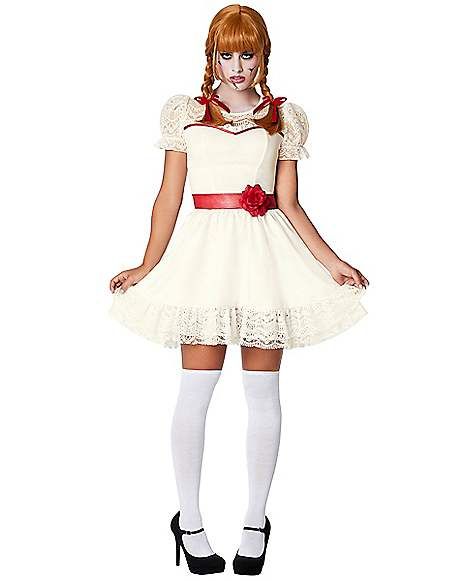 Adult Annabelle Short Dress Costume - Annabelle - Spirithalloween.com Annabelle Dress Halloween, Annabelle Doll Halloween Costume, Annabelle Halloween Costume Women, Anabelle Doll Costume, Anabelle Halloween Costumes, Halloween Costumes Annabelle, Anabelle Costume Women, Annabelle Costume Women, Annabelle Doll Costume