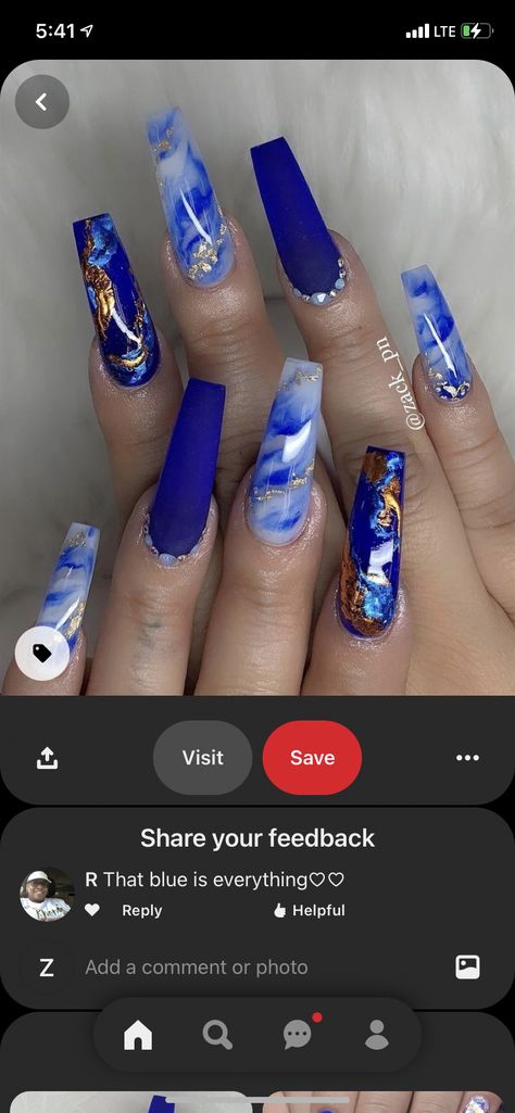 Royal Blue Nails Designs Coffin, Royal Blue And Gold Nails, Blue Gold Nails, Candy Nail Art, 15 Nails, Sweet 16 Nails, 16 Nails, Matted Nails, Peeps Candy