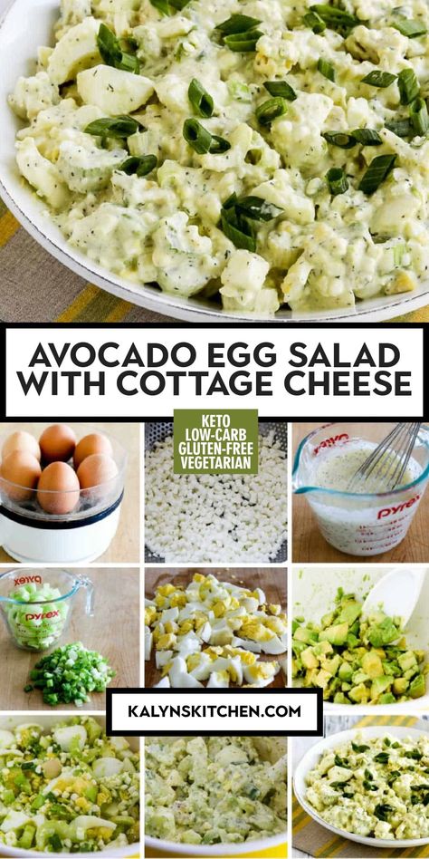 Pinterest image collage for Avocado Egg Salad with Cottage Cheese showing a bowl of the finished salad at the top and 9 photos of the preparation process. Cottage Cheese Egg Salad Avocado, Egg Salad With Cottage Cheese, Avocado Cottage Cheese, Lemony Dressing, Bacon Egg Salad, Fiber Recipes, Bariatric Meals, Cottage Cheese Salad, Super Salad