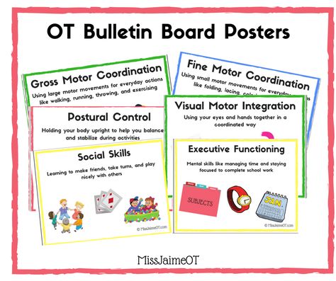 These FREE printable bulletin board posters are perfect for your OT clinic or therapy room.  Or use them as cover page for activities packets.  Promote Occupational Therapy with your Free OT handouts Free Printable Bulletin Board, Occupational Therapy Schools, Printable Bulletin Board, Occupational Therapy Activities, Bulletin Board Ideas, School Bulletin Boards, Therapy Room, Therapy Activities, Occupational Therapy