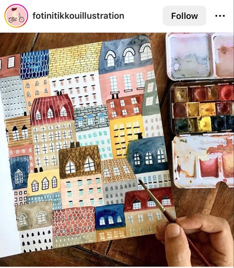 Kunstjournal Inspiration, Bullet Journal Art, Rooftops, Watercolor Inspiration, Art Journal Inspiration, Watercolor And Ink, Art Sketchbook, Watercolor Illustration, Painting Inspiration