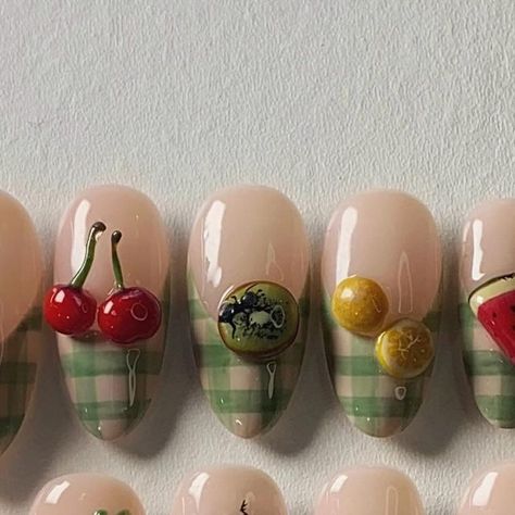 @setsxnenita on Instagram: "This design was custom made from a few weeks back but I didn’t get good pics so I recreated them for myself hehe happy easter y’all 🐣   • • •  *•.¸♡ ༒ ☆ ༒ ♡¸.•*   #gelx #handpainted #nailartist #nails #setsxnenita #nailinspo #instanails #nailart #pinterestnails #pressons #easternails #picnicnails" Fruit Sticker Nails, Picnic Nails Summer, Picnic Nails Design, Picnic Nail Art, Picnic Nails, Good Pics, Nails 2017, Cat Nail, Makeup Nails Art