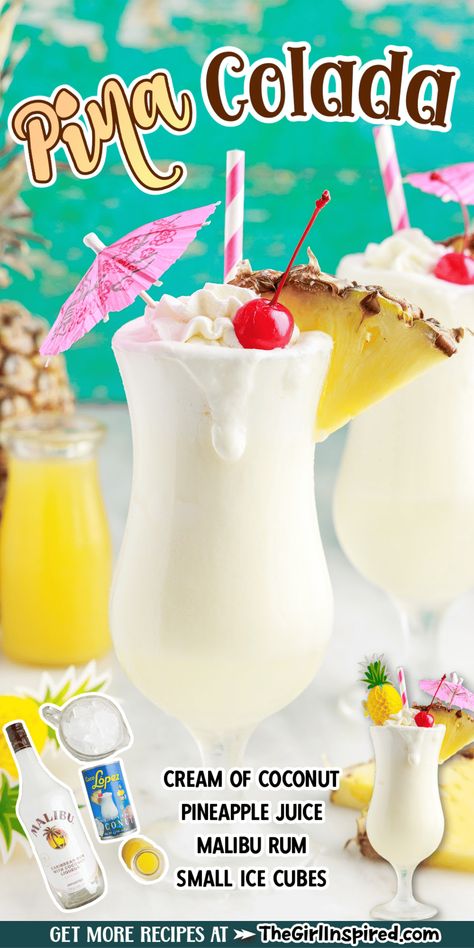 Make delicious and creamy pina coladas from scratch at home with just 5 ingredients and they taste better than the ones you have on vacation. Pina Colada With Malibu Rum, Pina Colada Bachelorette, Pina Colada Recipe Easy, Frozen Pina Colada Recipe Malibu, Diy Pina Colada Drink, Coco Lopez Pina Colada, Pena Colada Recipe, Pina Colada Recipe In A Pineapple, Homemade Pina Colada Recipe