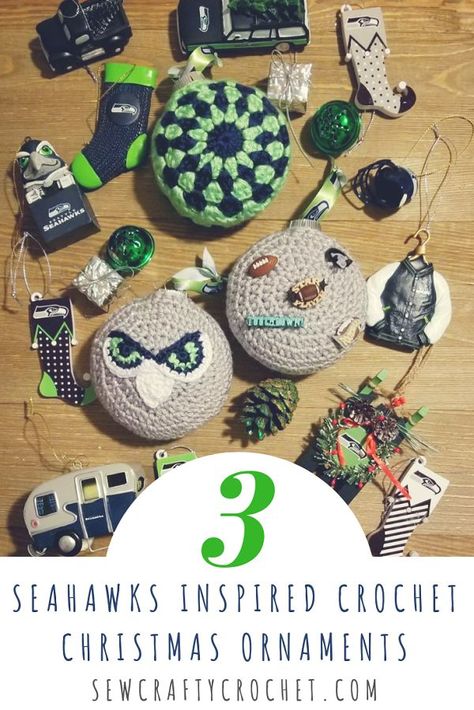 Seahawks [Inspired] Crochet Christmas Ornaments - Sew Crafty Crochet Crochet Seahawks, Seahawks Crochet, Diy Crafts For Christmas, Seahawks Crafts, Random Crochet, Easy Diy Christmas Ornaments, Popsicle Stick Christmas Crafts, Crafts For Christmas, Christmas Party Crafts