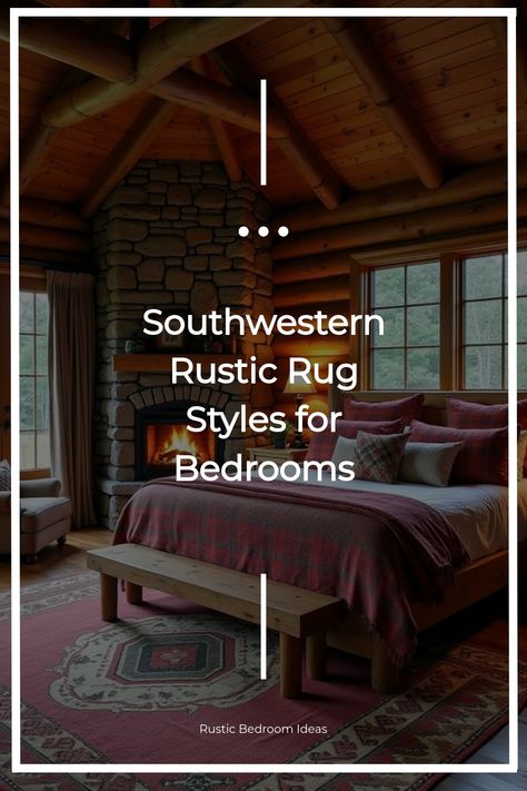 Cabin bedroom with southwestern geometric area rug Vintage Inspired Rugs, Rustic Bedroom Design, Bedroom Rugs, Traditional Rustic, Layered Rugs, Rustic Rug, Rug Texture, Natural Fiber Rugs, Wood Detail