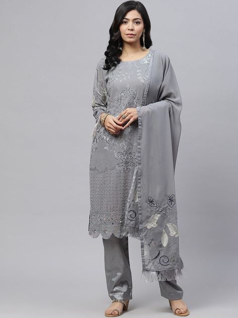 Black And Grey Wallpaper, Kurta Pattern, Indian Suits For Women, Womens Pants Design, Kurta Patterns, Unstitched Dress Material, Embroidered Dupatta, Indian Suits, Gray Suit