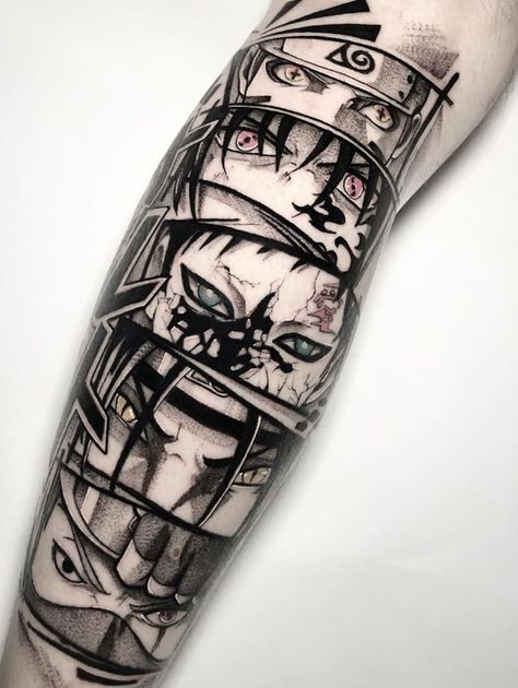 Naruto Sleeve Tattoo Ideas, Naruto Leg Tattoo, Naruto Eyes Tattoo, Naruto Shippuden Tattoo Ideas, Anime Leg Sleeve Tattoo, Anime Sleeve Tattoo, Men's Tattoo Ideas, Gaara Tattoo, Men's Tattoo