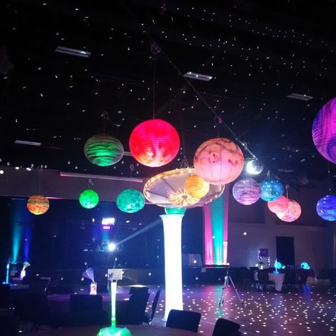 Galaxy Prom Decorations, Space Theme Pool Party, Outer Space Dance Theme, Galaxy Party Decorations Diy Space Theme, Galaxy Theme Prom, Space Theme Dance Decorations, Outer Space Decoration, Galaxy Prom Theme, Planet Lanterns