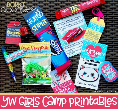 YW Girls Camp Printables – Dorky Doodles Lds Treat Handouts, Camp Pillow Treats Young Women, Yw Camp Pillow Treats, Tuck In Treats Girls Camp, Secret Sister Gift Ideas For Girls Camp, Girls Camp Devotional Ideas Lds, Girls Camp Tuck In Treats, Wyldlife Club, Girls Camp Pillow Treats