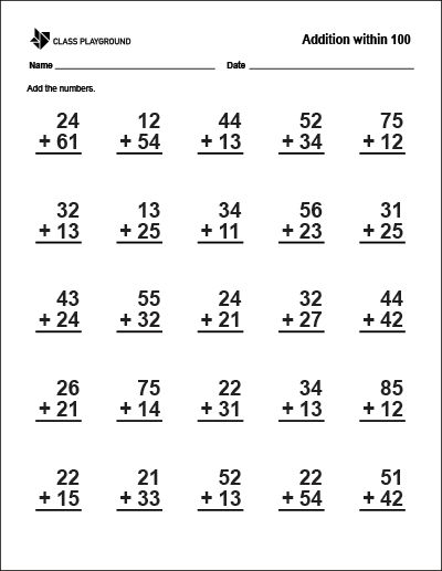 Printable Addition Within 100 Worksheet Addition With Regrouping Worksheets, Teach Addition, Kindergarten Math Worksheets Addition, Mental Maths Worksheets, Addition Worksheet, Adding Numbers, Teaching Addition, Math Addition Worksheets, First Grade Math Worksheets