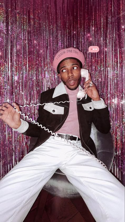 Pink, beret, Valentine’s, Valentine’s Day, love, Cupid, black boy, style, disco, fashion, vintage, rotary phone 70s Valentines Day Aesthetic, Rotary Phone Aesthetic, Phone Pink Aesthetic, Pink Boy Aesthetic, Retro Valentines Aesthetic, 1970’s Aesthetic, Vintage Valentines Aesthetic, Valentines Day Campaign, Phone Photoshoot